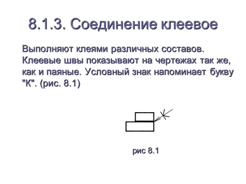 8.1.3. Соединение клеевое  Выполняют клеями различных составов. Клеевые швы показывают на чертежах так